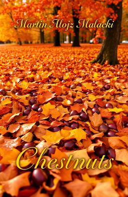 A beautiful autumn scene featuring a ground covered in vibrant orange, yellow, and red leaves from trees, with shiny chestnuts scattered among the leaves