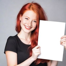 A beautiful girl with flowing, vibrant red hair, holding a blank sign with a friendly smile on her face.