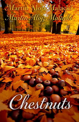 A beautiful autumn scene featuring a ground covered in vibrant orange, yellow, and red leaves from trees, with shiny chestnuts scattered among the leaves
