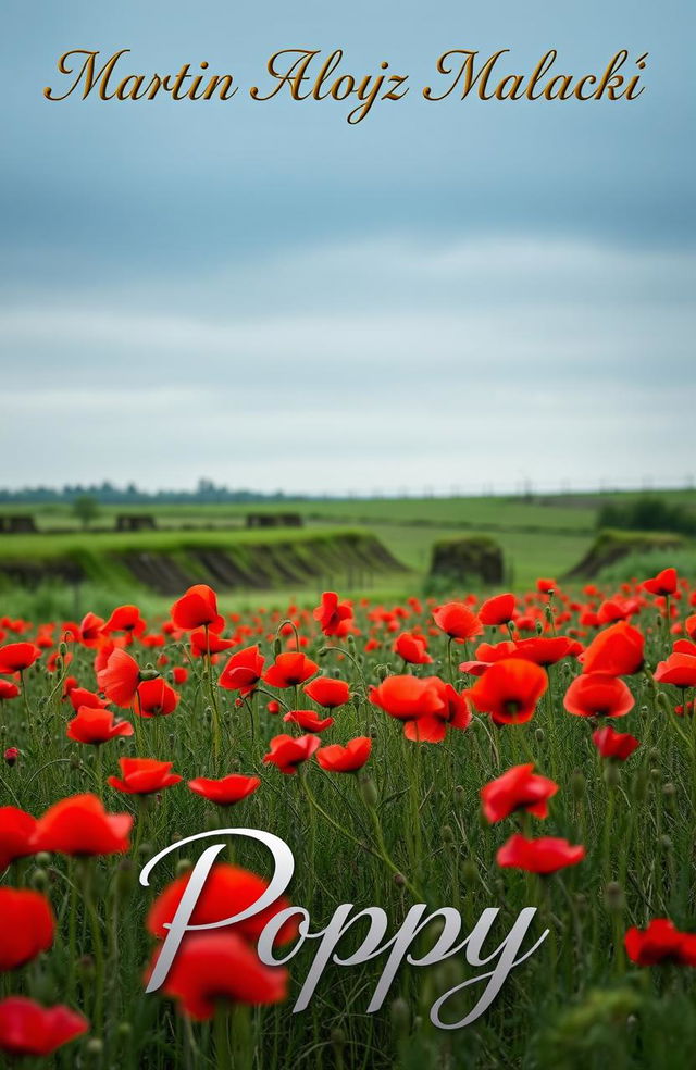 A serene World War I battlefield near Verdun, beautifully covered in vibrant red poppies swaying gently in the breeze