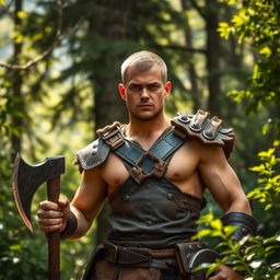 A young barbarian warrior, around 20 years old, with short hair, standing confidently in a dense forest