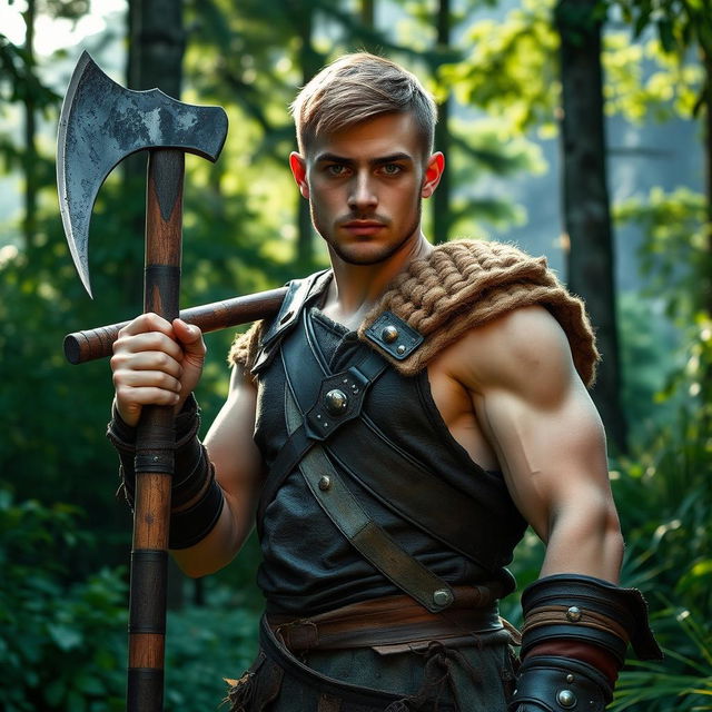 A young barbarian warrior, around 20 years old, with short hair, standing confidently in a dense forest