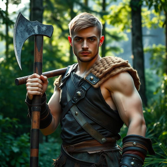 A young barbarian warrior, around 20 years old, with short hair, standing confidently in a dense forest