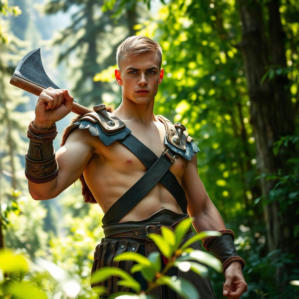 A young barbarian warrior, around 20 years old, with short hair, standing confidently in a dense forest