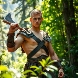 A young barbarian warrior, around 20 years old, with short hair, standing confidently in a dense forest