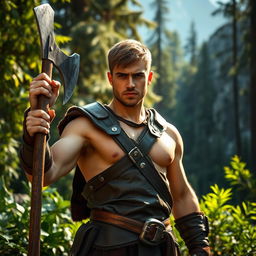 A young barbarian warrior, around 20 years old, with short hair, standing confidently in a dense forest