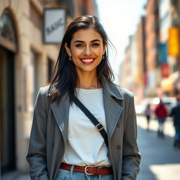 A 33-year-old woman with dark hair and an American appearance, dressed stylishly
