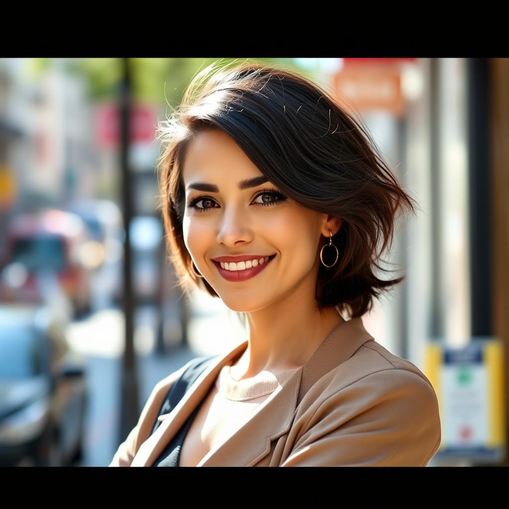 A 33-year-old woman with dark hair and an American appearance, dressed stylishly