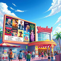 A vibrant and detailed illustration of a cinema billboard for a fictional movie theater called 'Yumeland'