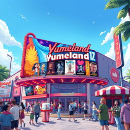 A vibrant and detailed illustration of a cinema billboard for a fictional movie theater called 'Yumeland'