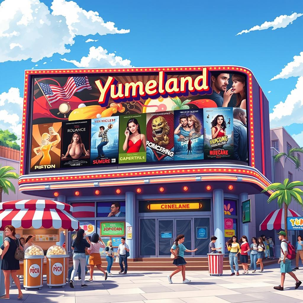 A vibrant and detailed illustration of a cinema billboard for a fictional movie theater called 'Yumeland'