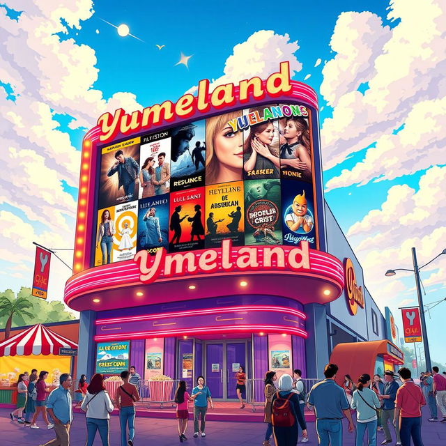 A vibrant and detailed illustration of a cinema billboard for a fictional movie theater called 'Yumeland'