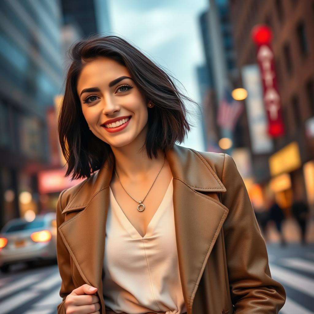 A 33-year-old woman with American features and dark hair, dressed stylishly in modern clothing, standing confidently in an urban environment