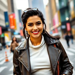 A 33-year-old woman with American features and dark hair, dressed stylishly in modern clothing, standing confidently in an urban environment