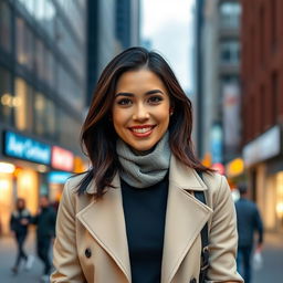 A 33-year-old woman with American features and dark hair, dressed stylishly in modern clothing, standing confidently in an urban environment