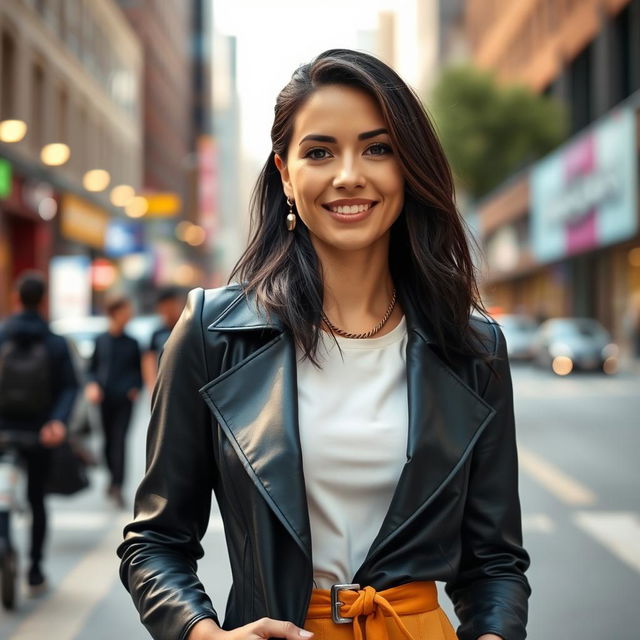 A 33-year-old woman with American features and dark hair, dressed stylishly in modern clothing, standing confidently in an urban environment