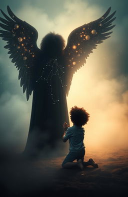 A boy with freeform afro hair kneeling down in a worshipful pose to a dark figure resembling a night sky filled with stars, featuring majestic wings that glow subtly like constellations