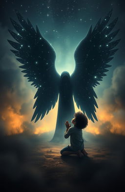 A boy with freeform afro hair kneeling down in a worshipful pose to a dark figure resembling a night sky filled with stars, featuring majestic wings that glow subtly like constellations