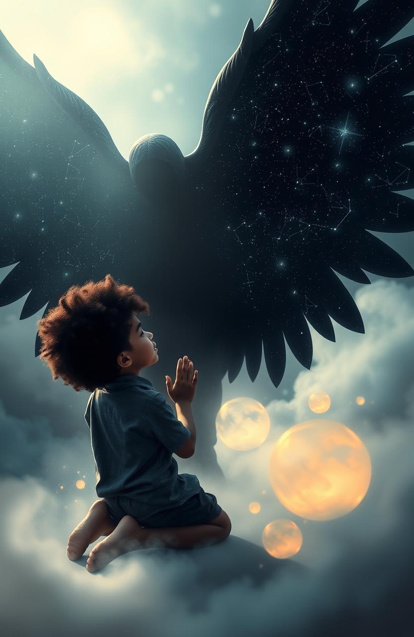 A boy with freeform afro hair kneeling down in a worshipful pose to a dark figure resembling a night sky filled with stars, featuring majestic wings that glow subtly like constellations