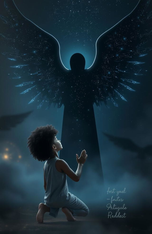 A boy with freeform afro hair kneeling down in a worshipful pose to a dark figure resembling a night sky filled with stars, featuring majestic wings that glow subtly like constellations