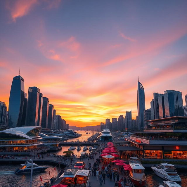 A stunning and vibrant cityscape at sunset, showcasing a skyline filled with futuristic skyscrapers and a beautiful harbor