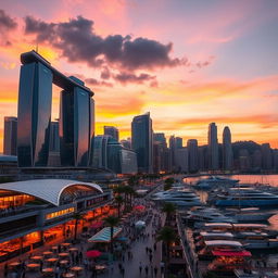 A stunning and vibrant cityscape at sunset, showcasing a skyline filled with futuristic skyscrapers and a beautiful harbor