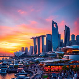 A stunning and vibrant cityscape at sunset, showcasing a skyline filled with futuristic skyscrapers and a beautiful harbor