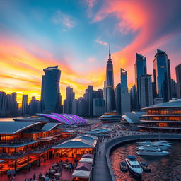 A stunning and vibrant cityscape at sunset, showcasing a skyline filled with futuristic skyscrapers and a beautiful harbor