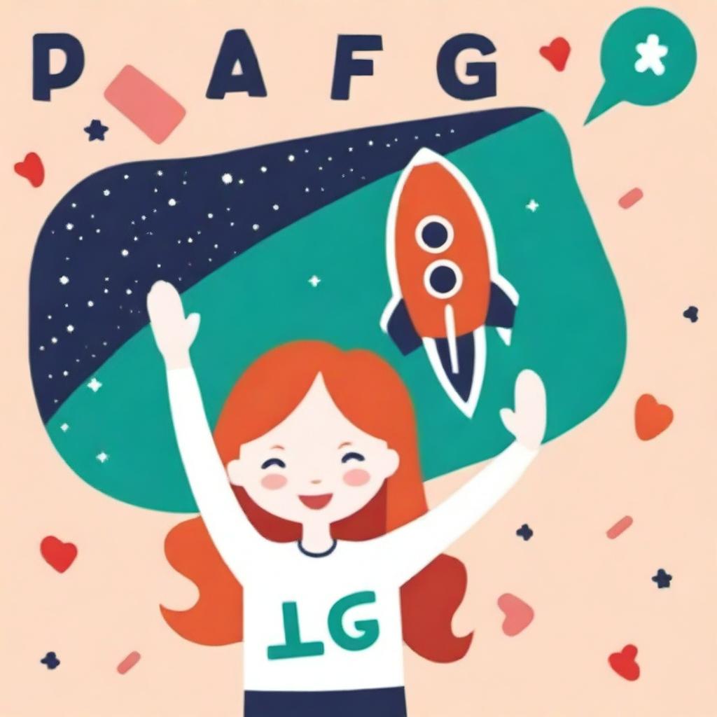 A beautiful redhead girl smiling warmly, holding up a sign in front of her face with the letters 'LFG' inscribed, followed by a vibrant picture of a rocket