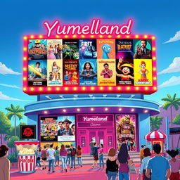 A vibrant and lively illustration of a cinema billboard for a fictional movie theater named 'Yumeland'