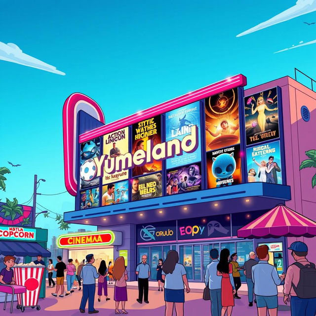 A vibrant and lively illustration of a cinema billboard for a fictional movie theater named 'Yumeland'