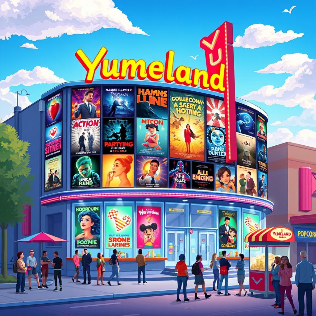 A vibrant and lively illustration of a cinema billboard for a fictional movie theater named 'Yumeland'