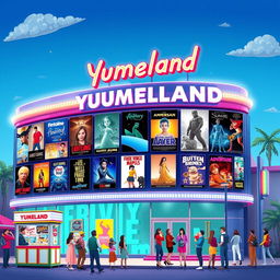 A vibrant and lively illustration of a cinema billboard for a fictional movie theater named 'Yumeland'