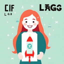 A beautiful redhead girl smiling warmly, holding up a sign in front of her face with the letters 'LFG' inscribed, followed by a vibrant picture of a rocket