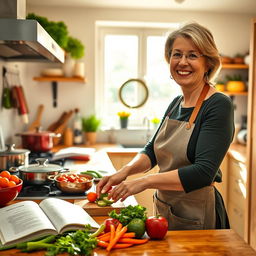 A cheerful woman in her early 40s, Lucy, in a bright and inviting kitchen, bustling with activity as she prepares a colorful meal