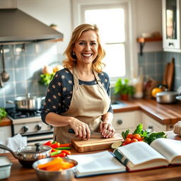 A cheerful woman in her early 40s, Lucy, in a bright and inviting kitchen, bustling with activity as she prepares a colorful meal