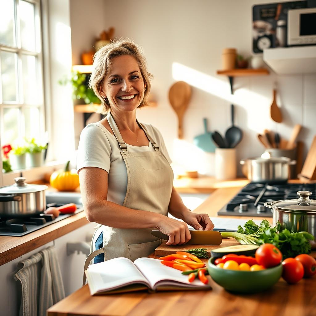 A cheerful woman in her early 40s, Lucy, in a bright and inviting kitchen, bustling with activity as she prepares a colorful meal