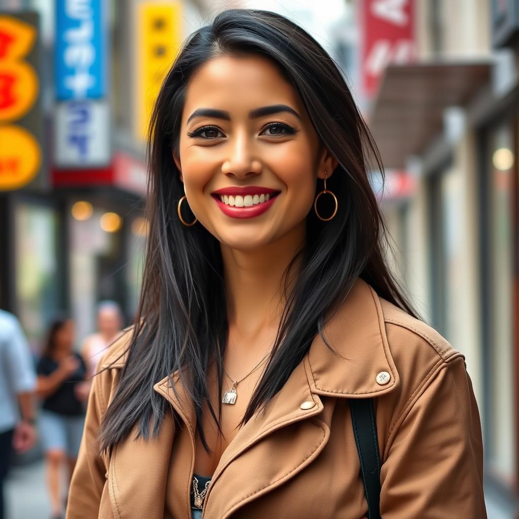 A 33-year-old American woman with dark hair, dressed stylishly