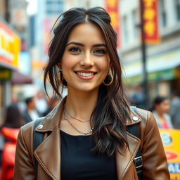 A 33-year-old American woman with dark hair, dressed stylishly