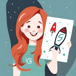 A beautiful redhead girl smiling warmly, holding up a sign in front of her face with the letters 'LFG' inscribed, followed by a vibrant picture of a rocket