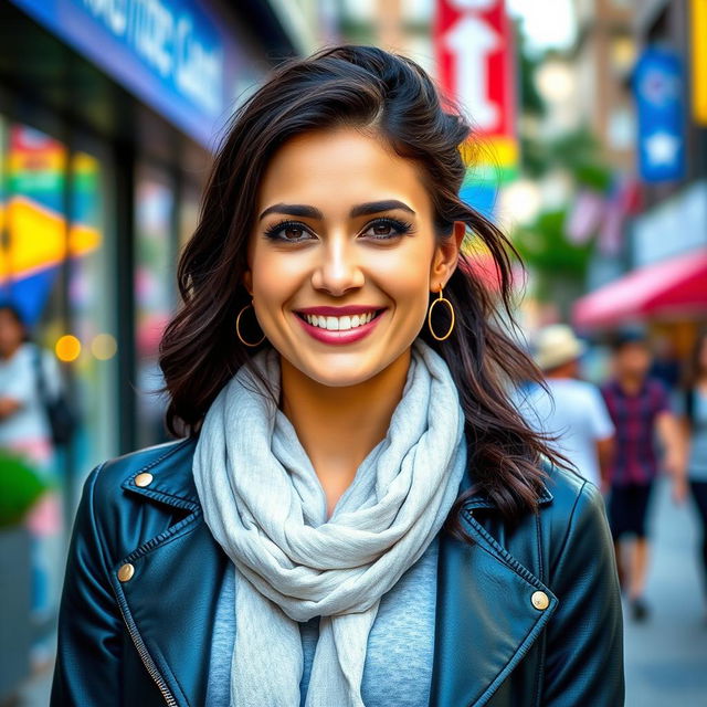 A 33-year-old American woman with dark hair, dressed stylishly