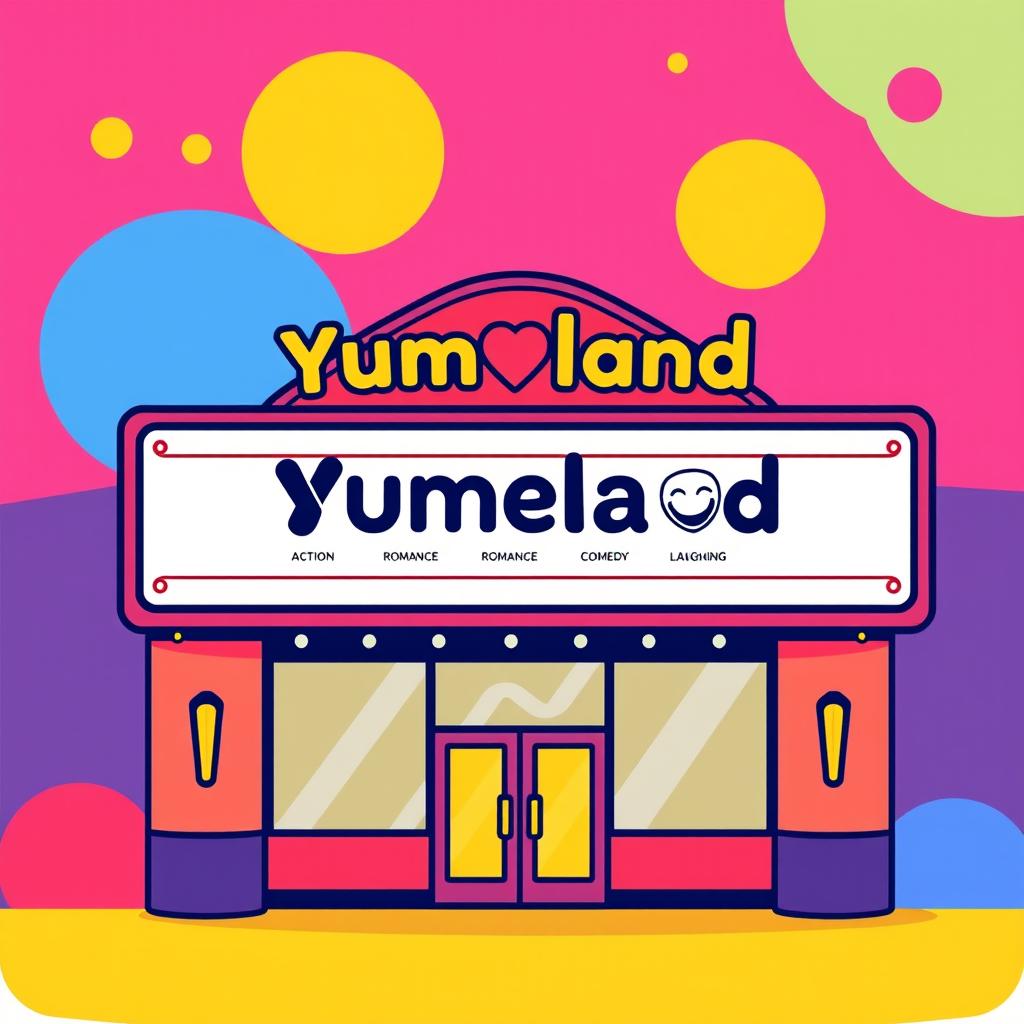 A colorful pictogram-style illustration of a cinema billboard for a fictional theater named 'Yumeland'