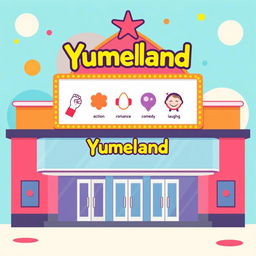 A colorful pictogram-style illustration of a cinema billboard for a fictional theater named 'Yumeland'