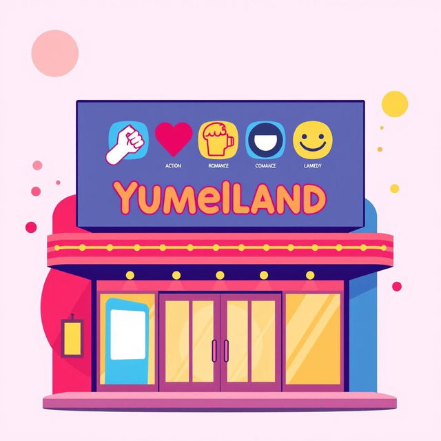 A colorful pictogram-style illustration of a cinema billboard for a fictional theater named 'Yumeland'