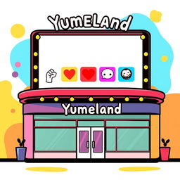 A colorful pictogram-style illustration of a cinema billboard for a fictional theater named 'Yumeland'