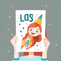 A beautiful redhead girl smiling warmly, holding up a sign in front of her face with the letters 'LFG' inscribed, followed by a vibrant picture of a rocket