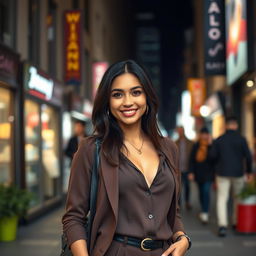 A 33-year-old American woman with dark hair, dressed in a stylish outfit without a low neckline