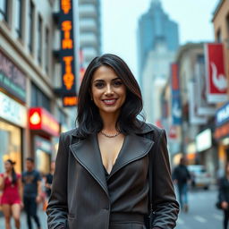 A 33-year-old American woman with dark hair, dressed in a stylish outfit without a low neckline
