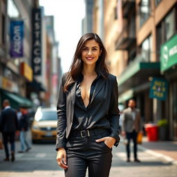 A 33-year-old American woman with dark hair, dressed in a stylish outfit without a low neckline