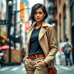A 33-year-old American woman with dark hair, dressed in a fashionable outfit that highlights her style